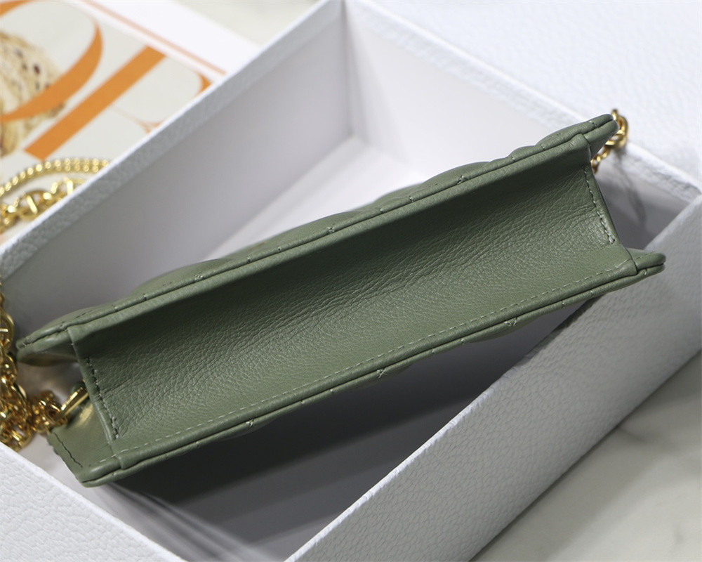 D*0r CARO ZIPPED POUCH WITH CHAIN Green S*pple Cannage Calfskin 19 x 14 x 4.5 cm