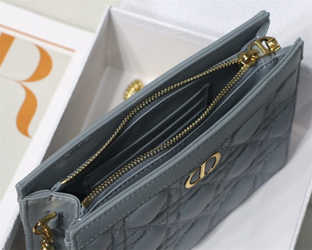 D*0r CARO ZIPPED POUCH WITH CHAIN Blue S*pple Cannage Calfskin 19 x 14 x 4.5 cm