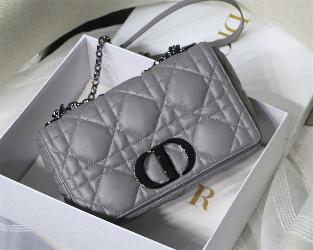 MEDIUM D*0r CARO BAG Grey S*pple Cannage Calfskin With Silver Hardware 25.5 x 15.5 x 8 cm