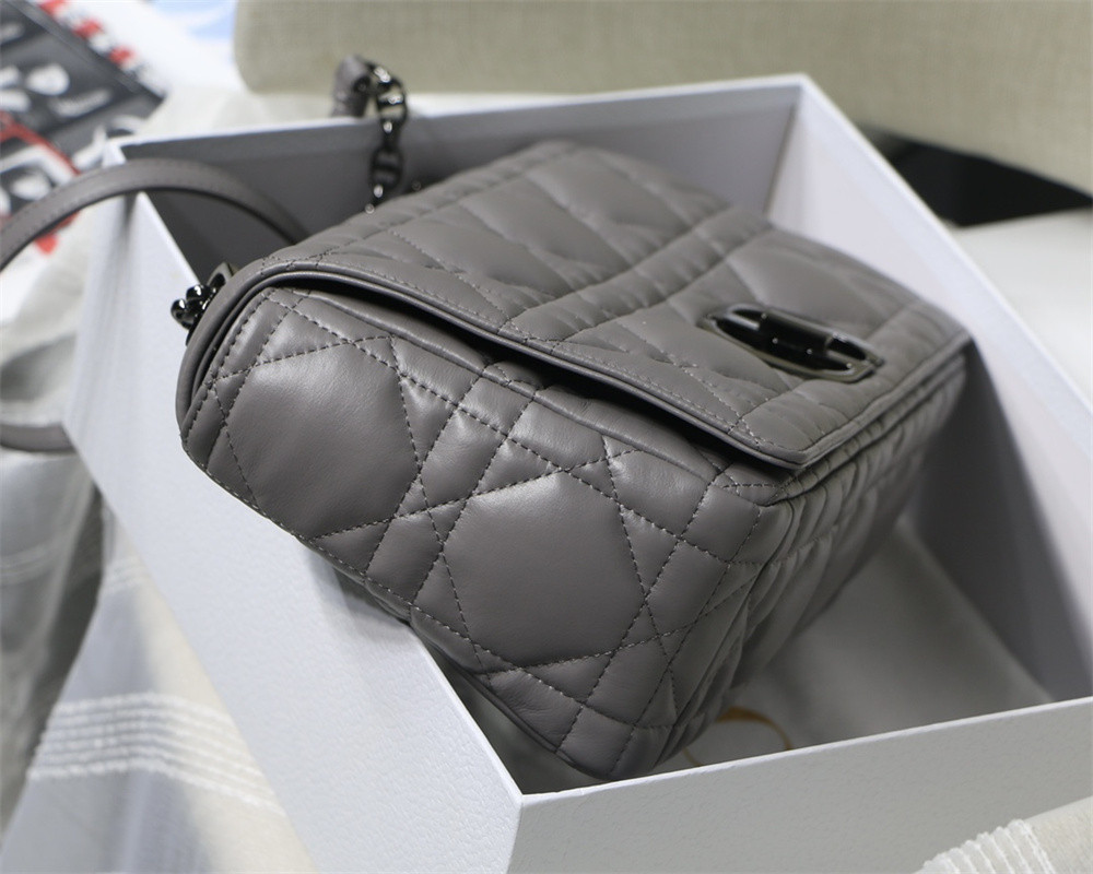 LARGE D*0r CARO BAG Stone Gray S*pple Cannage Calfskin With Silver Hardware 29 x 18 x 10 cm