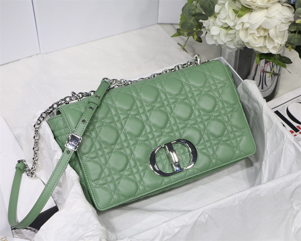 LARGE D*0r CARO BAG Green S*pple Cannage Calfskin With Silver Hardware 29 x 18 x 10 cm