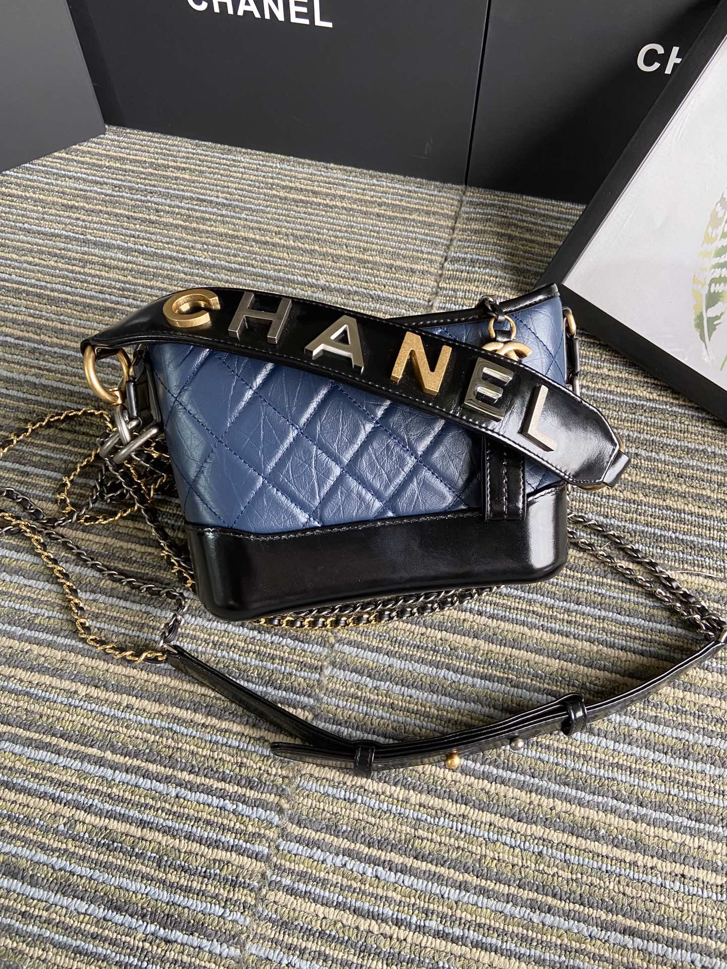 Ch*el Gabrielle SMALL BLUE with shoulder strap letters 20 x 15 x 8cm