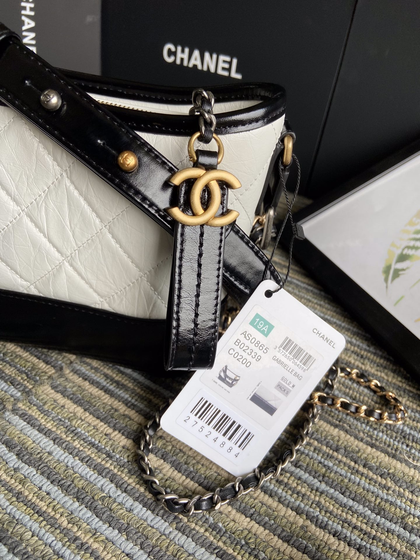 Ch*el Gabrielle SMALL WHITE BLACK with shoulder strap letters 20 x 15 x 8cm