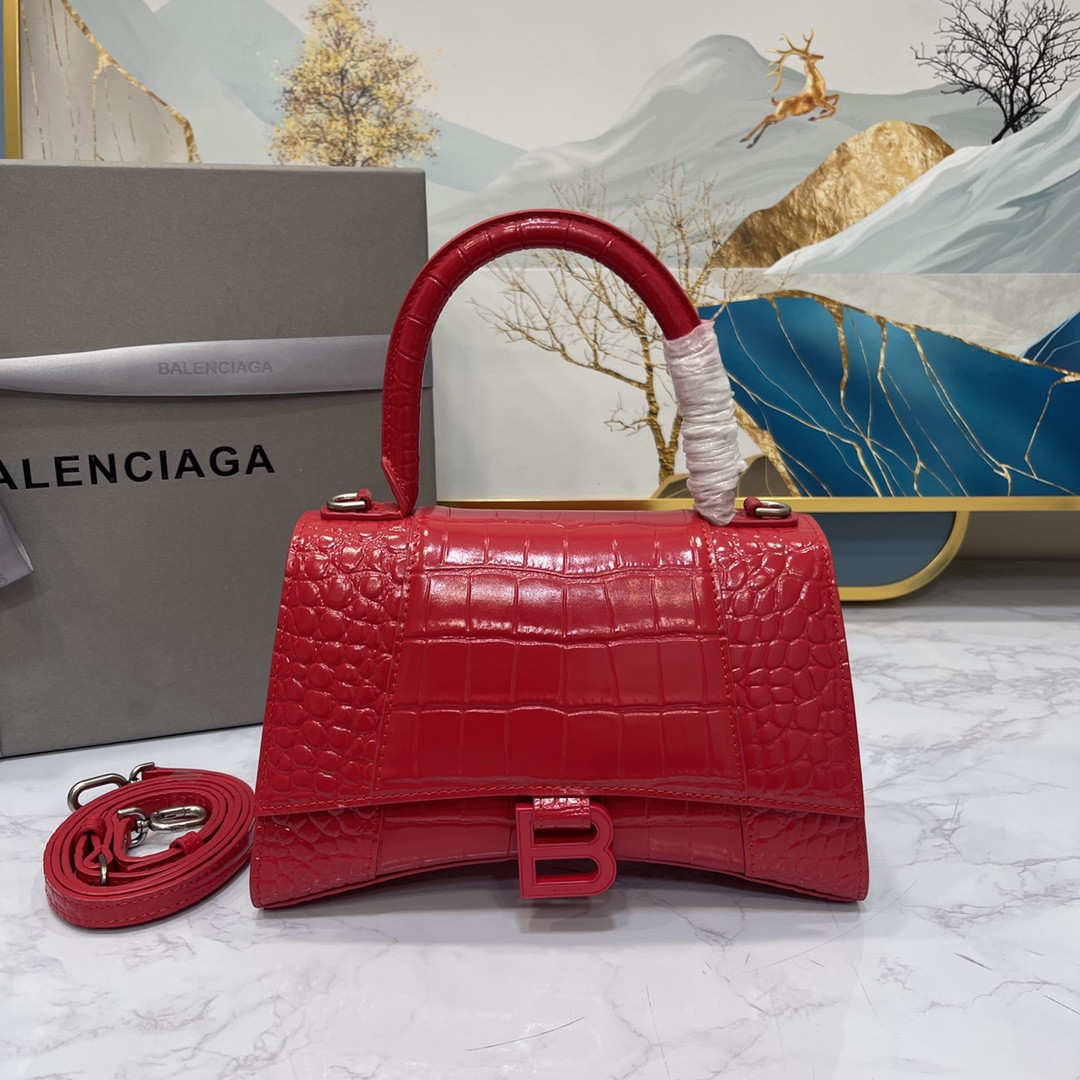 Ba*len*cia*ga WOMEN'S HOURGLASS SMALL HANDBAG CROCODILE EMBOSSED IN RED L9 x H5.5 x W3.9 inch
