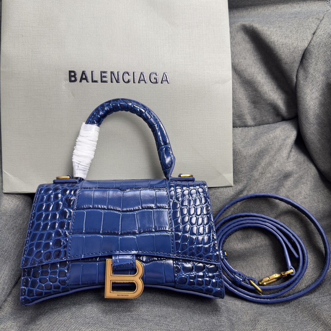 Ba*len*cia*ga WOMEN'S HOURGLASS MINI HANDBAG CROCODILE EMBOSSED IN NAVY L7.4 x H5.1 x W3.1 inch