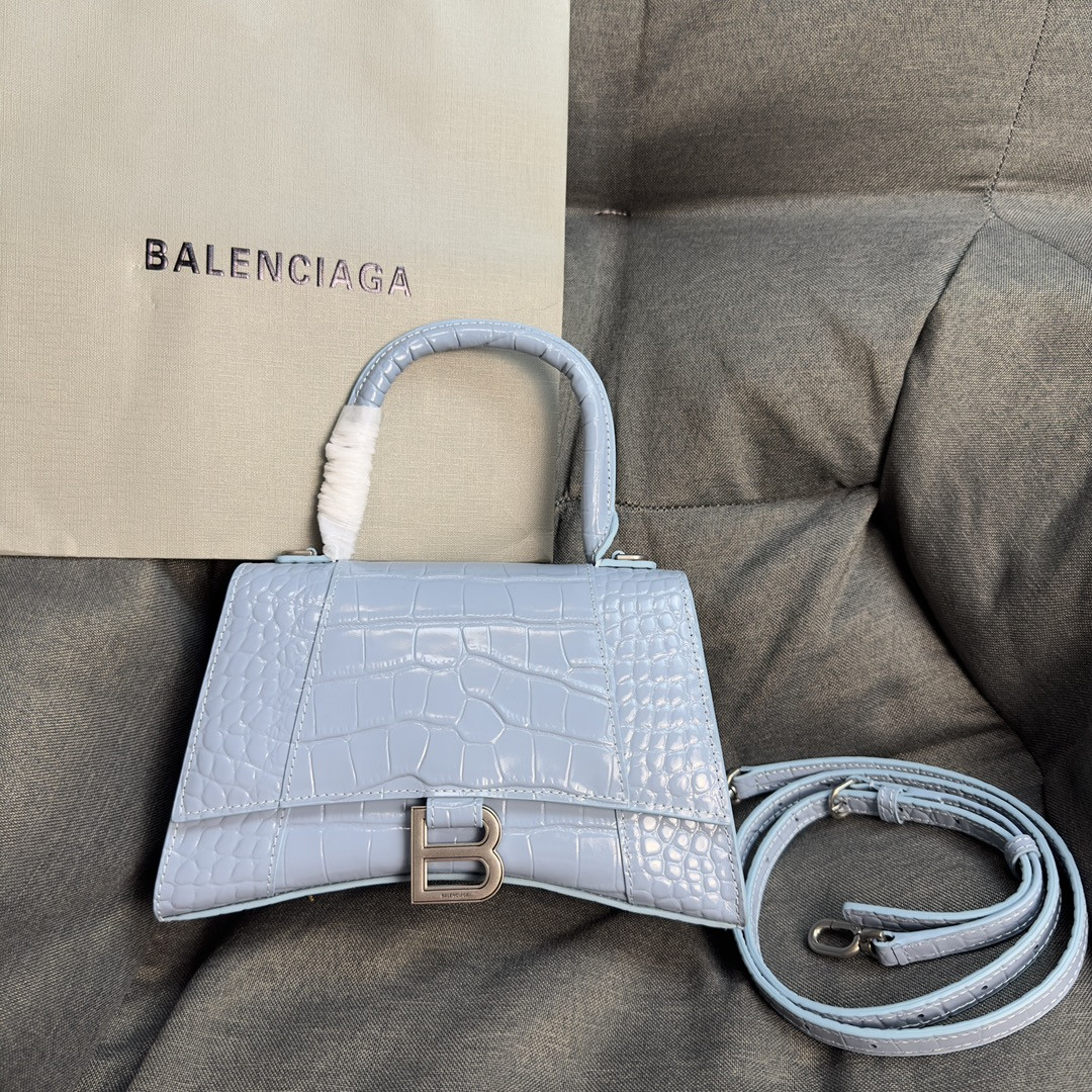 Ba*len*cia*ga WOMEN'S HOURGLASS SMALL HANDBAG CROCODILE EMBOSSED IN LIGHT BLUE L9 x H5.5 x W3.9 inch