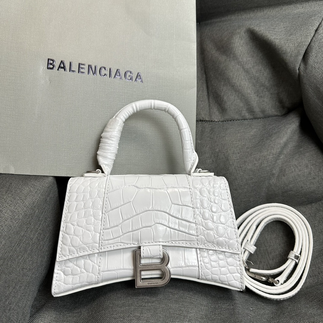 Ba*len*cia*ga WOMEN'S HOURGLASS MINI HANDBAG CROCODILE EMBOSSED IN WHITE L7.4 x H5.1 x W3.1 inch