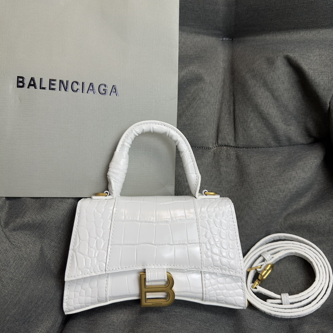 Ba*len*cia*ga WOMEN'S HOURGLASS MINI HANDBAG CROCODILE EMBOSSED IN WHITE L7.4 x H5.1 x W3.1 inch