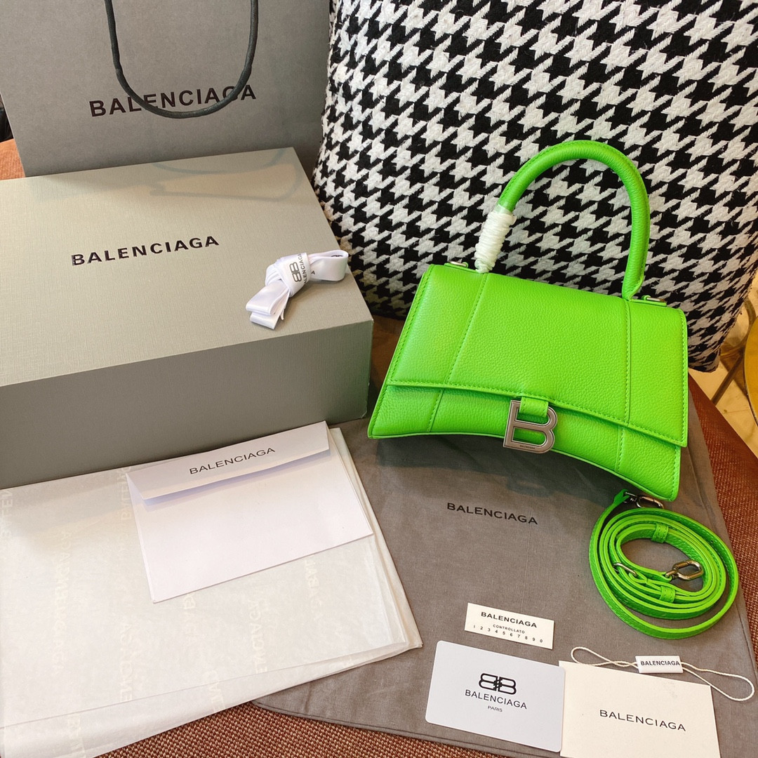 Ba*len*cia*ga WOMEN'S HOURGLASS MINI HANDBAG GRAINED LEATHER IN GREEN L7.4 x H5.1 x W3.1 inch