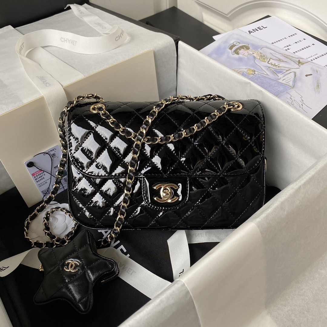 Ch*el FLAP BAG & STAR COIN PURSE BLACK 15.5×24×7.5cm