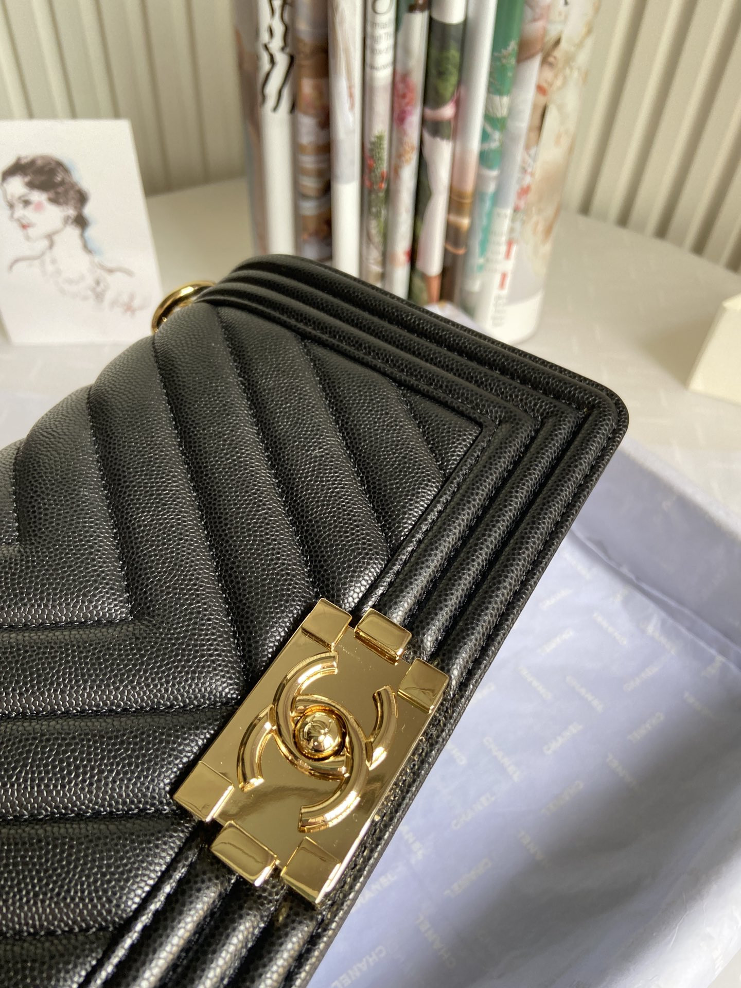 BOY Ch*el HANDBAG Shiny Grained Calfskin & Gold-Tone Metal Black 5.9 × 9.8 × 3.5 in