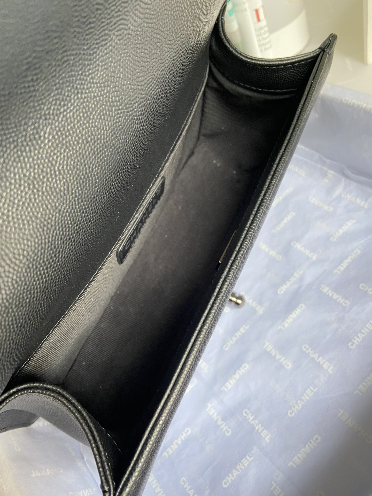 BOY Ch*el HANDBAG Shiny Grained Calfskin Black 5.9 × 9.8 × 3.5 in