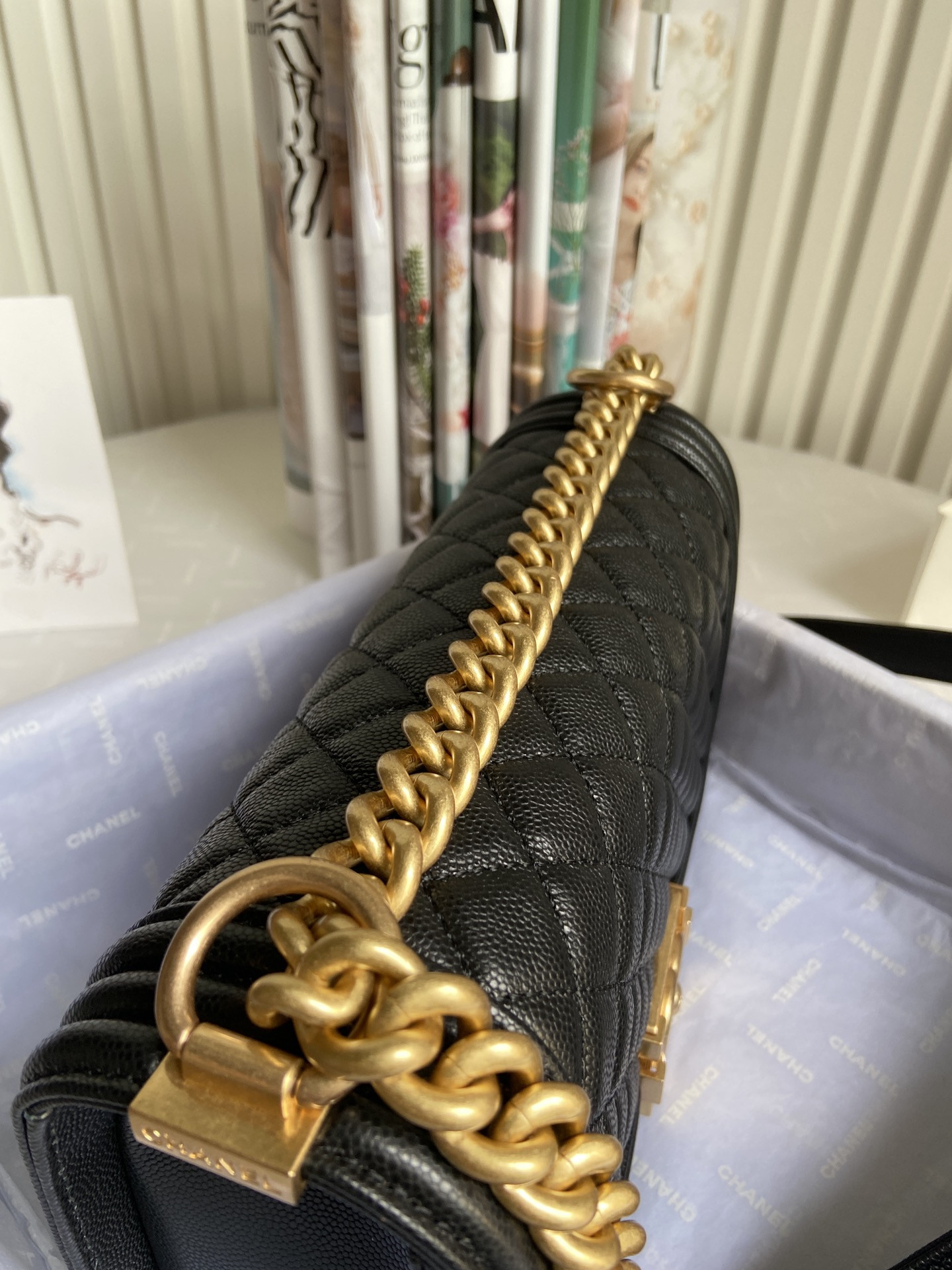 BOY Ch*el HANDBAG Shiny Grained Calfskin 5.9 × 9.8 × 3.5 in