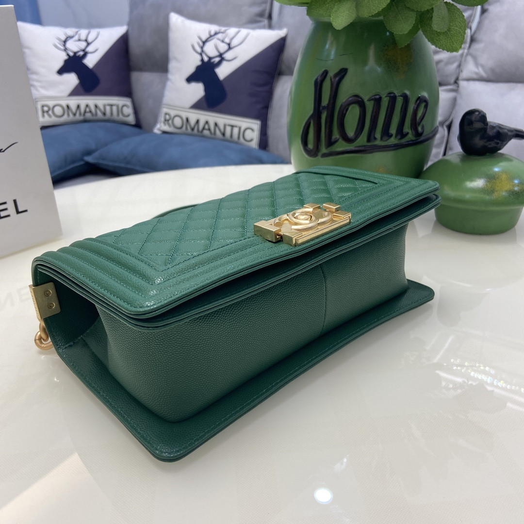 BOY Ch*el HANDBAG Shiny Grained Calfskin & Gold-Tone Metal Green 5.9 × 9.8 × 3.5 in