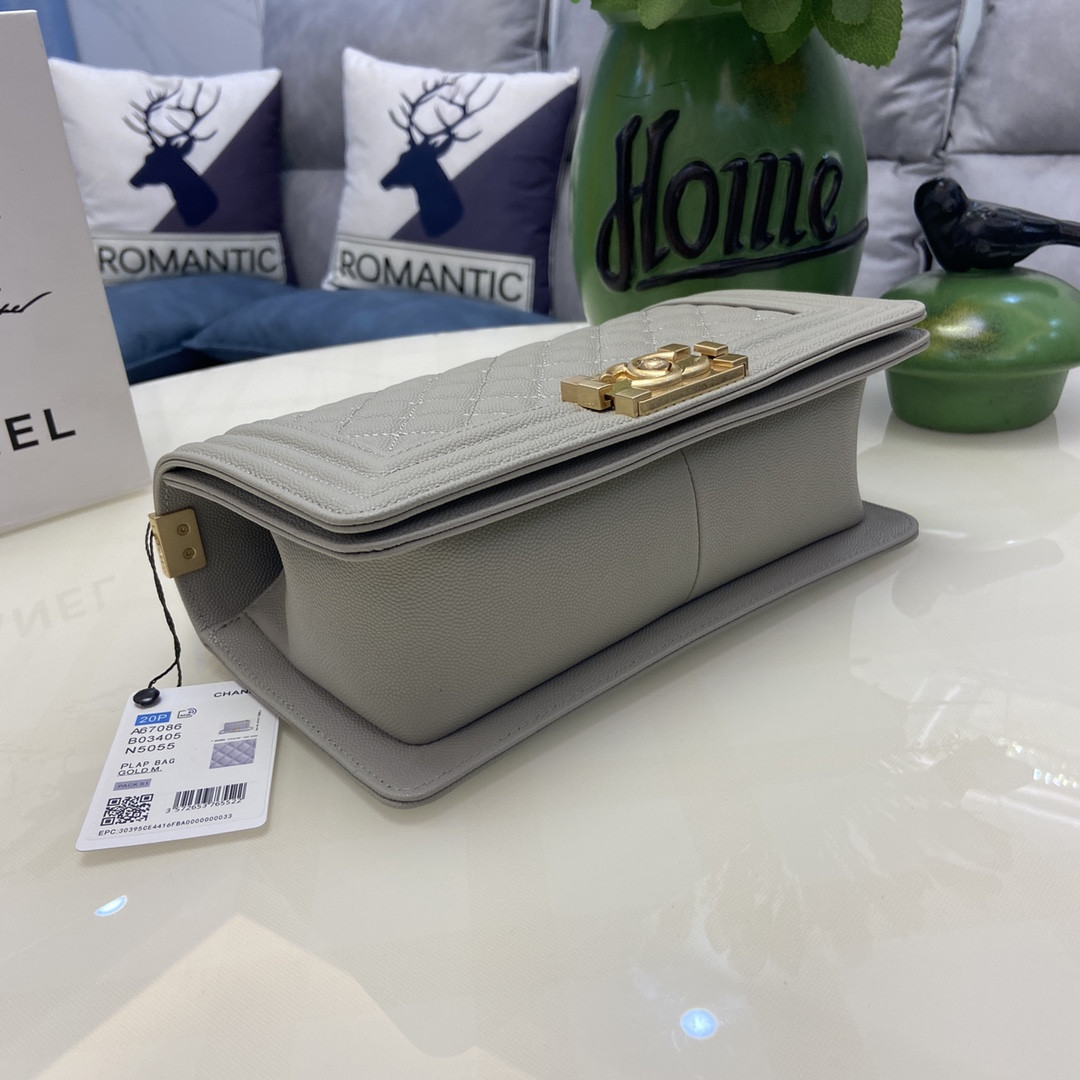 BOY Ch*el HANDBAG Shiny Grained Calfskin & Gold-Tone Metal Gray 5.9 × 9.8 × 3.5 in