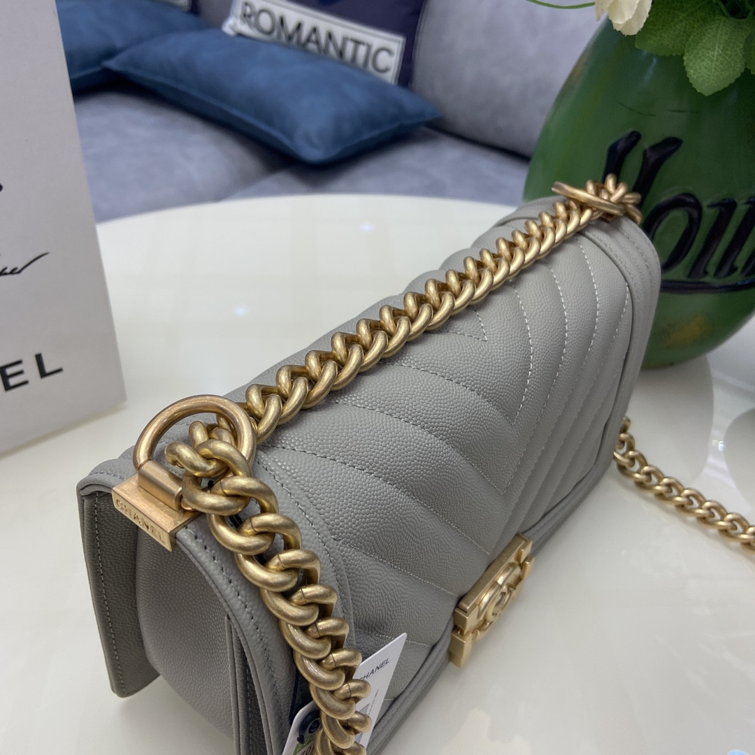 BOY Ch*el HANDBAG Shiny Grained Calfskin & Gold-Tone Metal Gray 5.9 × 9.8 × 3.5 in