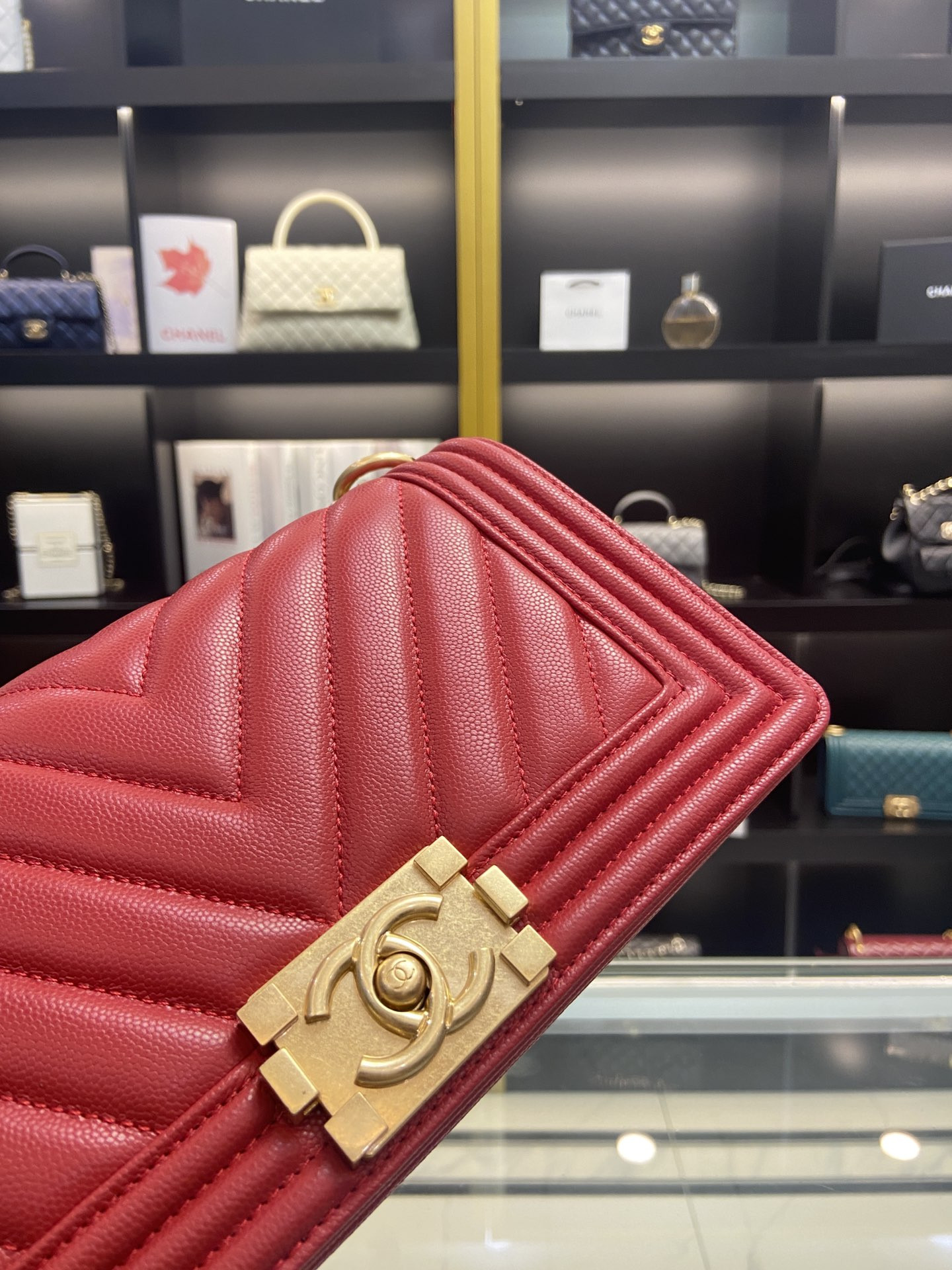 BOY Ch*el HANDBAG Shiny Red Grained Calfskin & Gold-Tone Metal 5.9 × 9.8 × 3.5 in