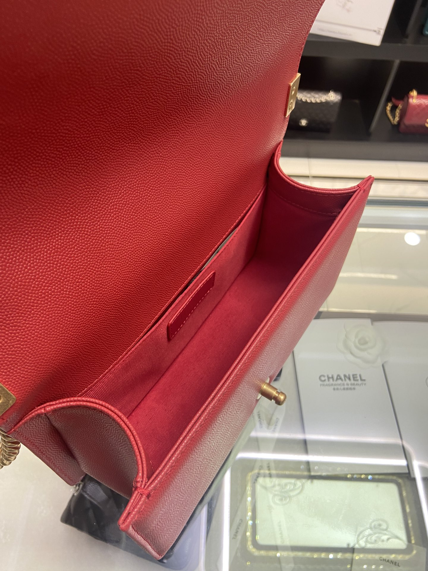 BOY Ch*el HANDBAG Shiny Red Grained Calfskin & Gold-Tone Metal 5.9 × 9.8 × 3.5 in