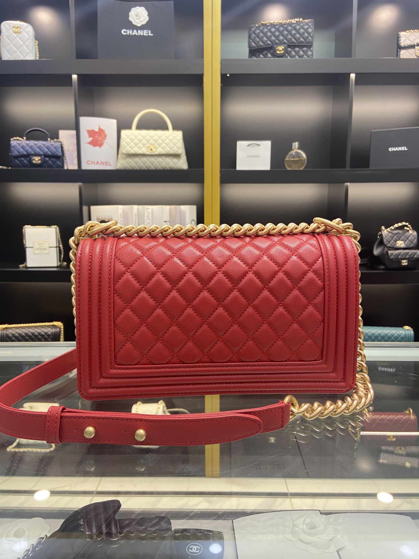 BOY Ch*el HANDBAG Shiny Red Grained Calfskin & Gold-Tone Metal 5.9 × 9.8 × 3.5 in