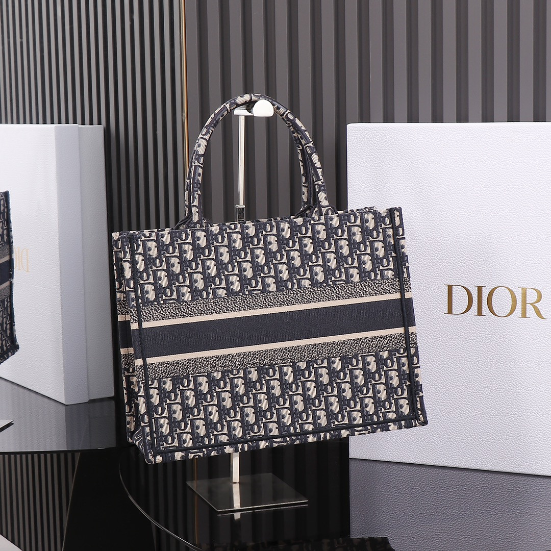 Medium D*0r Book Tote  Ecru and Blue D*0r Oblique Embroidery 14 x 11 x 6.5 inches