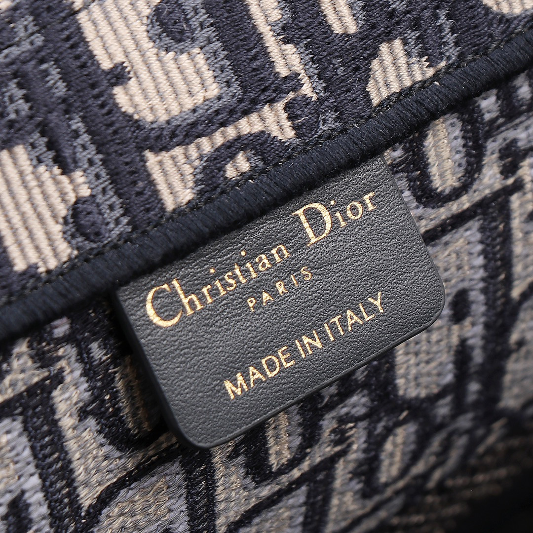 Medium D*0r Book Tote  Ecru and Blue D*0r Oblique Embroidery 14 x 11 x 6.5 inches