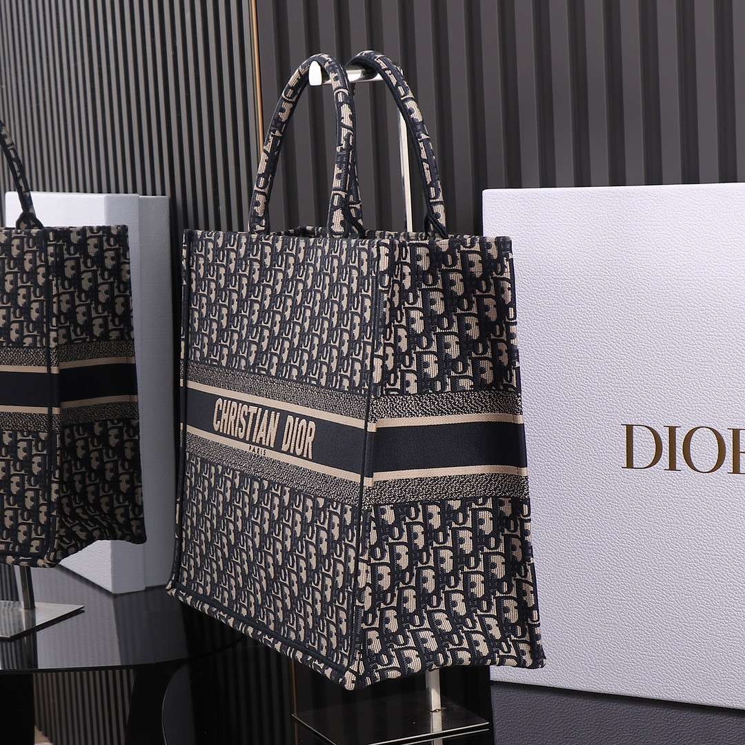 Large D*0r Book Tote Ecru and Blue D*0r Oblique Embroidery 16.5 x 14 x 7.5 inches