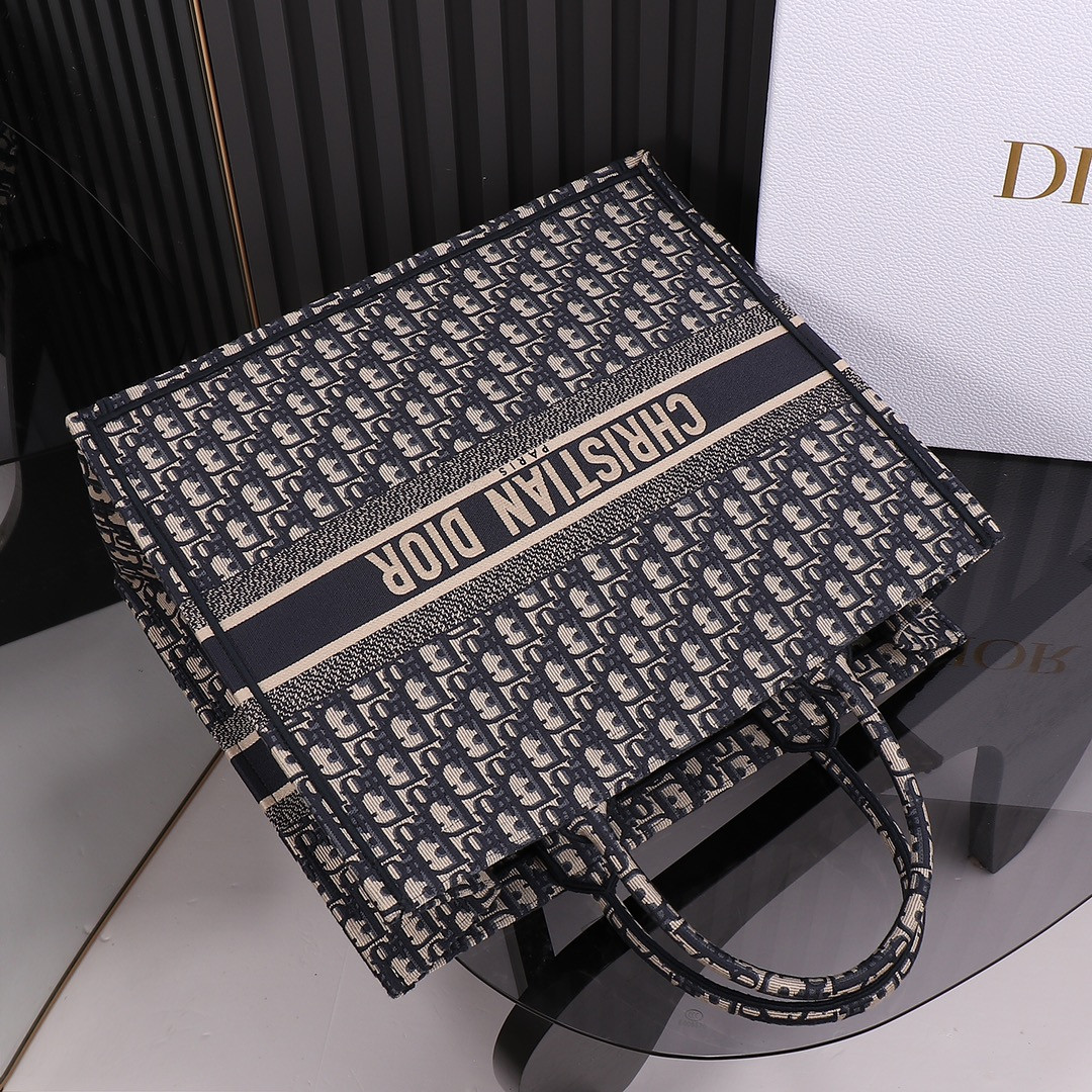 Large D*0r Book Tote Ecru and Blue D*0r Oblique Embroidery 16.5 x 14 x 7.5 inches