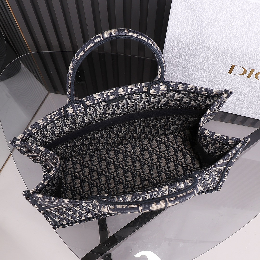 Large D*0r Book Tote Ecru and Blue D*0r Oblique Embroidery 16.5 x 14 x 7.5 inches