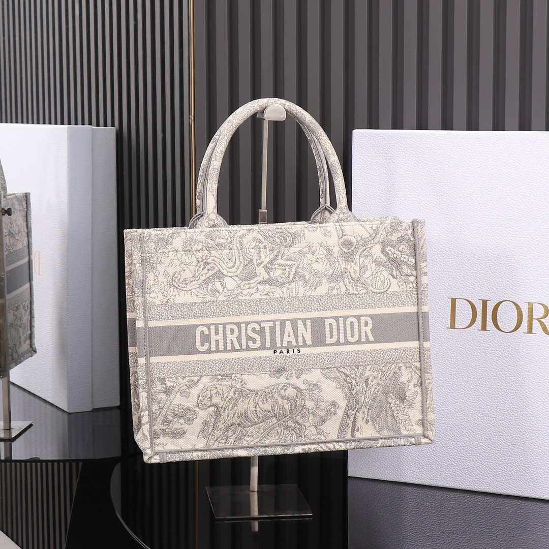 Medium D*0r Book Tote Ecru and Gray Toile de Jouy Embroidery 14 x 11 x 6.5 inches