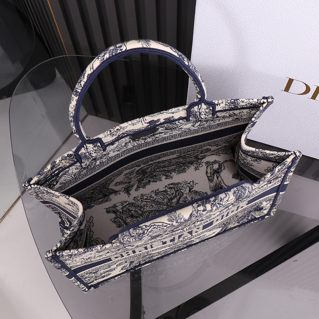 Medium D*0r Book Tote  Ecru and Blue Toile de Jouy Embroidery 14 x 11 x 6.5 inches