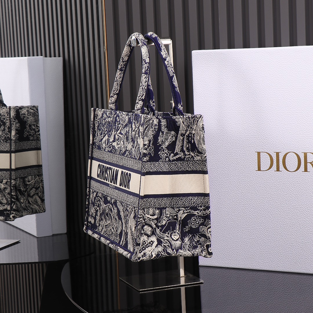 Medium D*0r Book Tote  Blue and Ecru Toile de Jouy Reverse Embroidery 14 x 11 x 6.5 inches