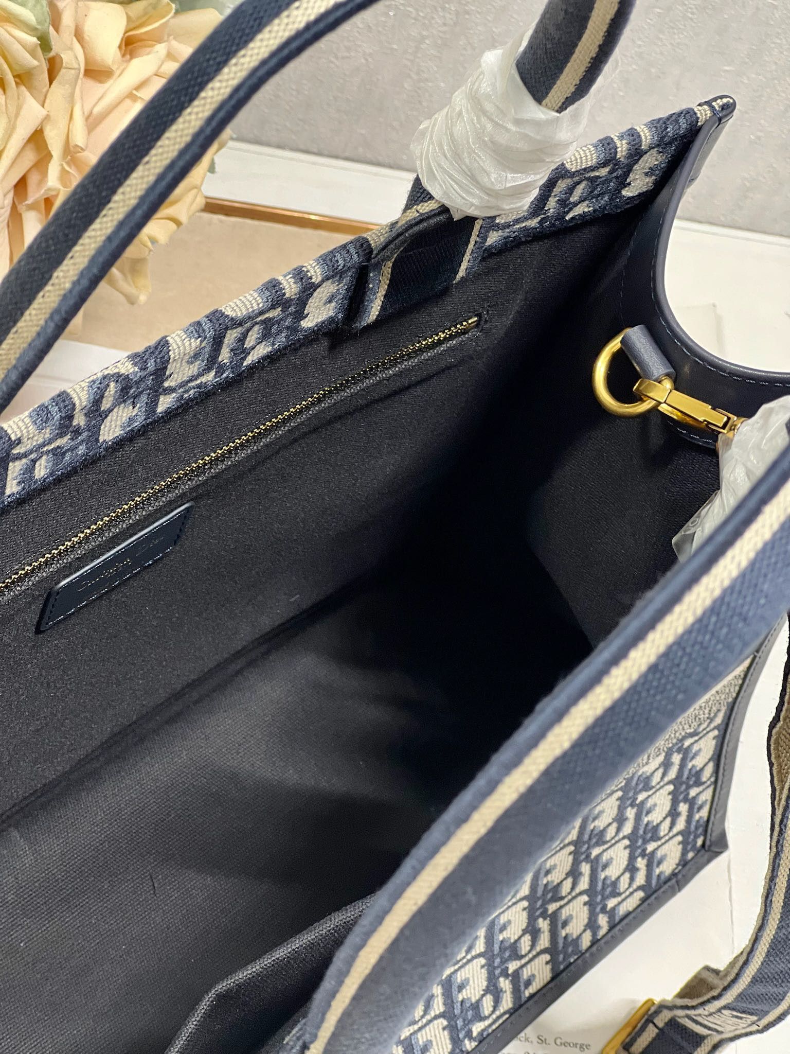 Medium D*0r Book Tote Ecru and Blue D*0r Oblique Embroidery 14 x 11 x 6.5 inches