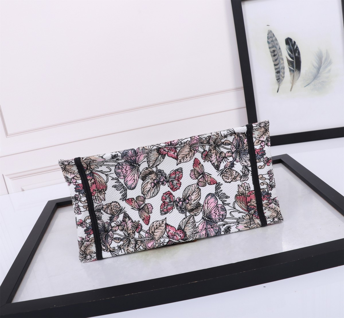 Small D*0r BOOK TOTE WHITE AND PASTEL PINK BUTTERFLY AROUND THE WORLD EMBROIDERY  10.5 x 8.5 x 5.5 inches