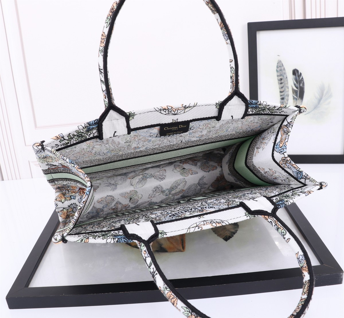 Medium D*0r Book Tote White Multicolor Toile de Jouy Mexico Embroidery 14 x 11 x 6.5 inches