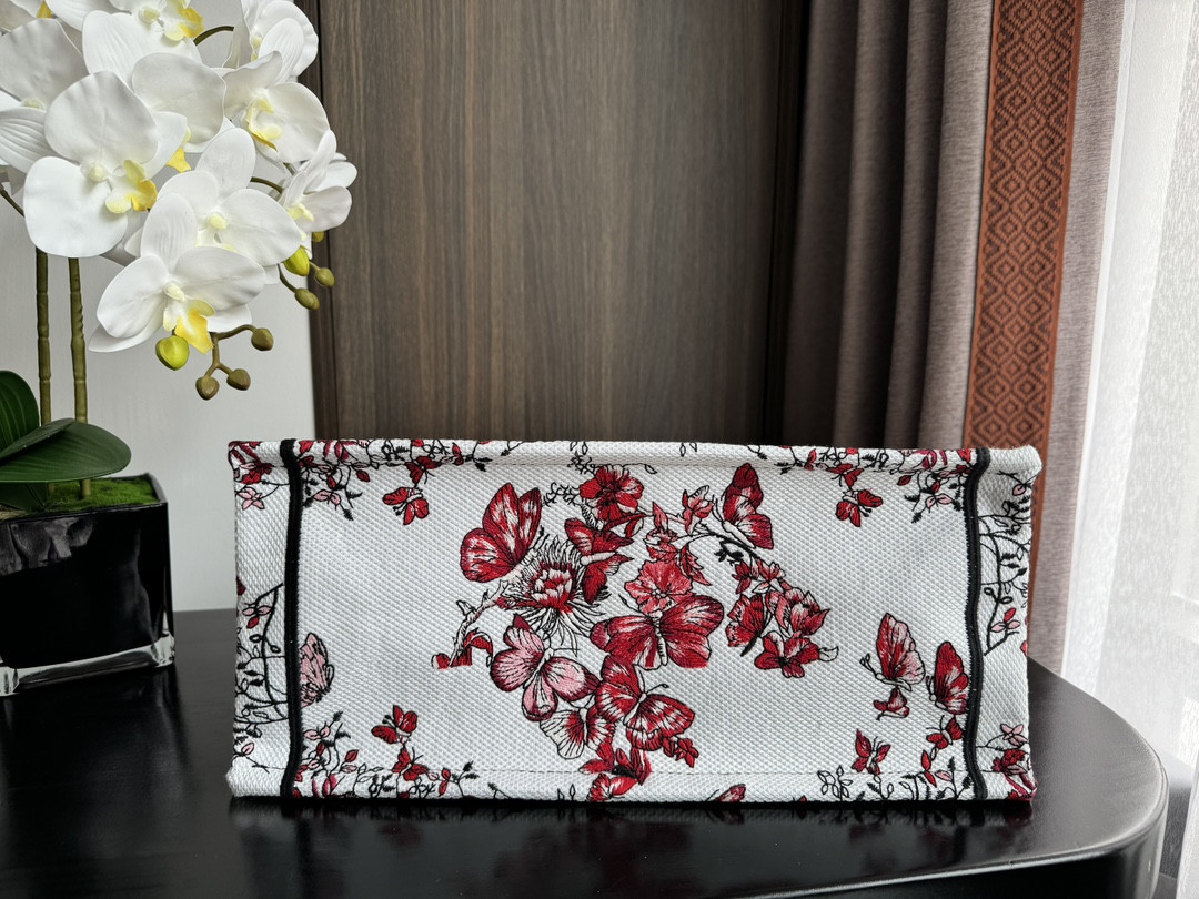 Medium D*0r Book Tote  White and Red Le Cœur des Papillons Embroidery 14 x 11 x 6.5 inches