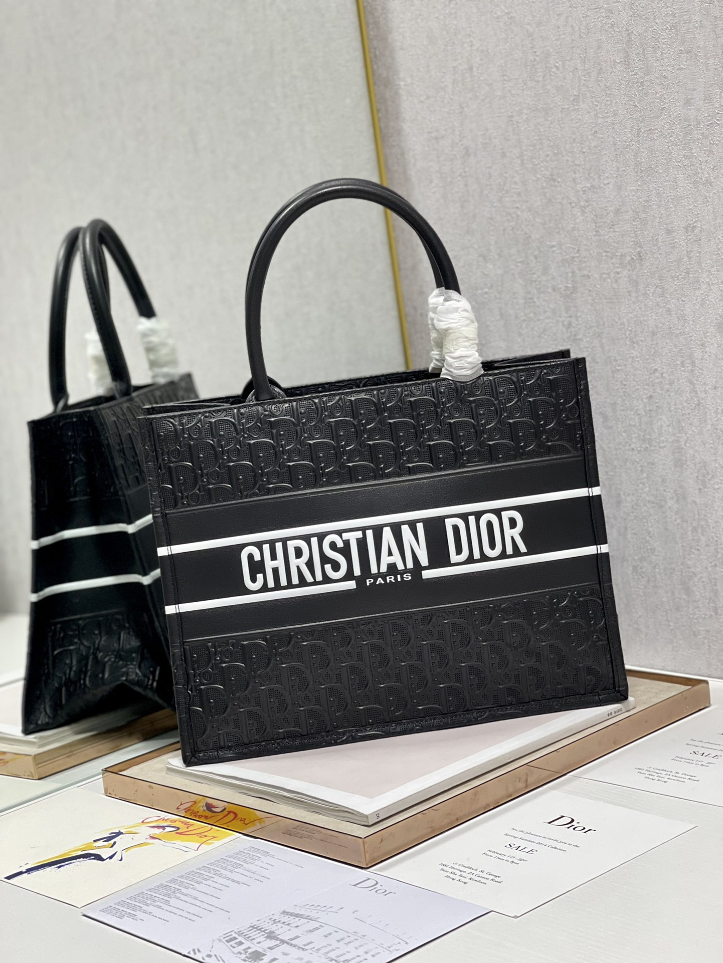 Calfskin Embossed Medium D*0r Book Tote Black WHITE 14 x 11 x 6.5 inches