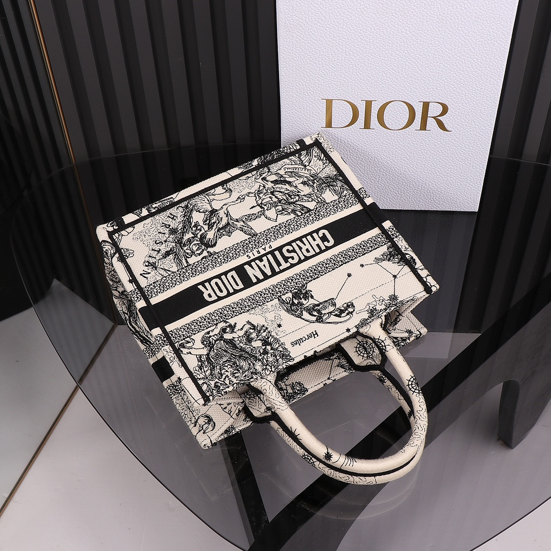 Small D*0r Book Tote Latte and Black Toile de Jouy Zodiac Embroidery 10.5 x 8.5 x 5.5 inches
