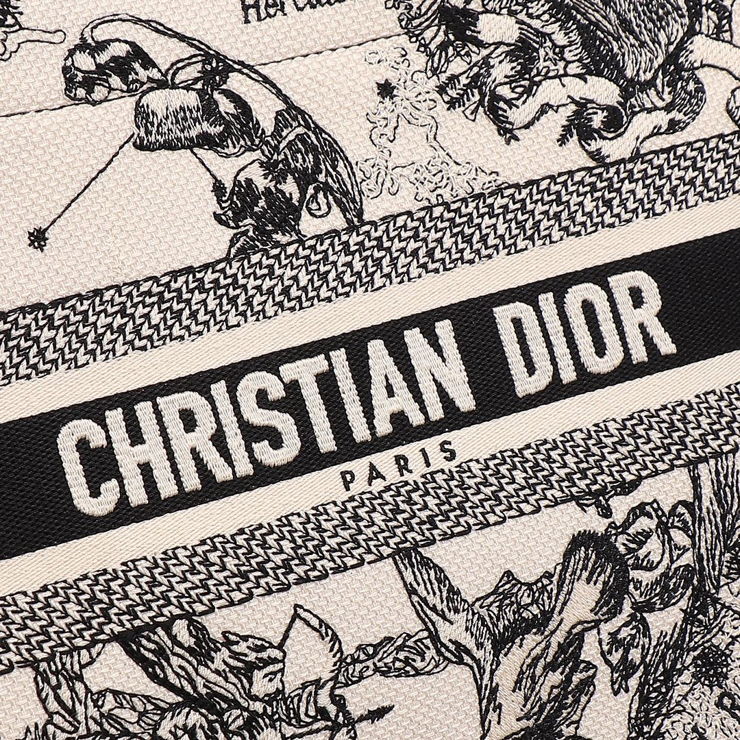 Small D*0r Book Tote Latte and Black Toile de Jouy Zodiac Embroidery 10.5 x 8.5 x 5.5 inches