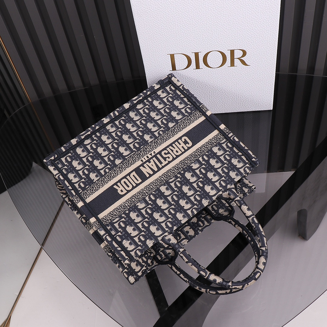 Small D*0r Book Tote Ecru and Blue D*0r Oblique Embroidery 10.5 x 8.5 x 5.5 inches