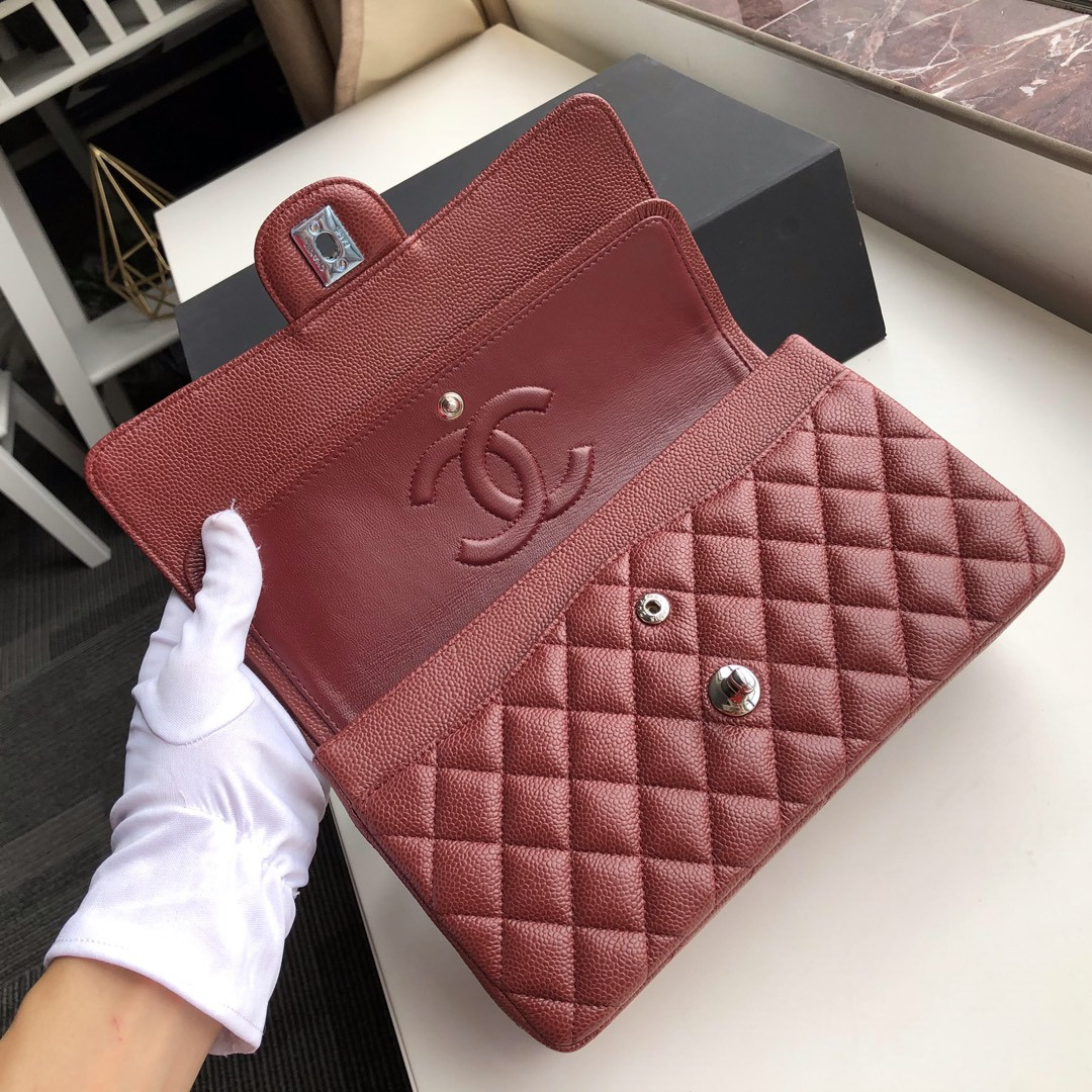 Ch*el CLASSIC HANDBAG GRAINED CALFSKIN & SILVER-TONE METAL red 6 × 9.9 × 2.5 in