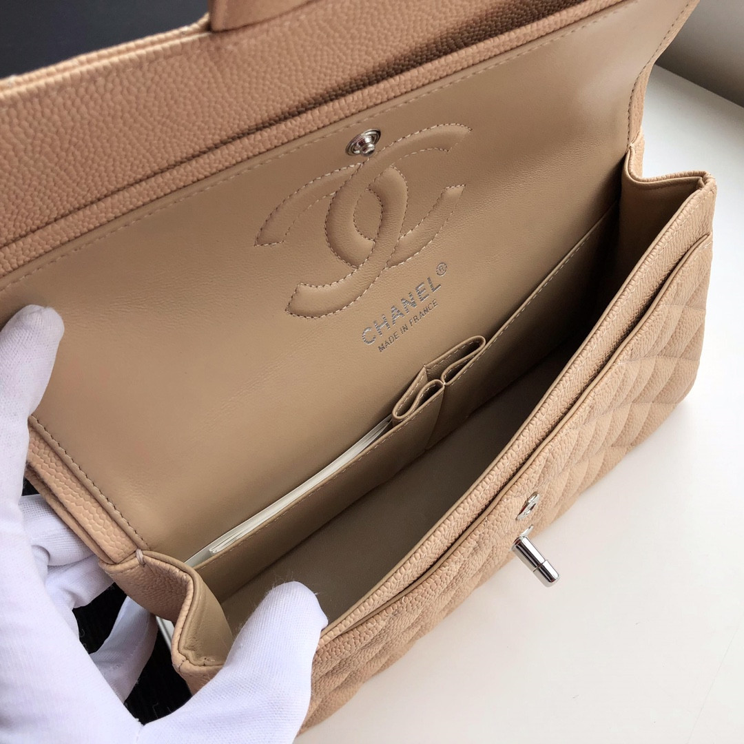 Ch*el CLASSIC HANDBAG GRAINED CALFSKIN & SILVER-TONE METAL COFFEE 6 × 9.9 × 2.5 in