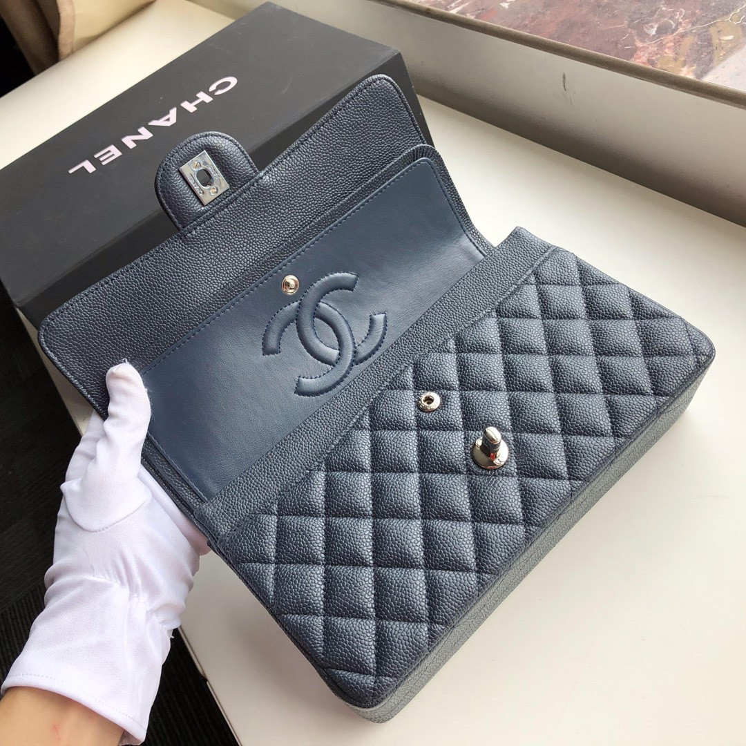 Ch*el CLASSIC HANDBAG GRAINED CALFSKIN & SILVER-TONE METAL NAVY 6 × 9.9 × 2.5 in