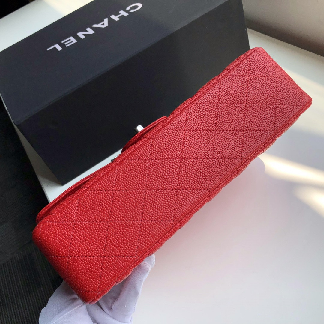 Ch*el CLASSIC HANDBAG GRAINED CALFSKIN & SILVER-TONE METAL SHINY red 6 × 9.9 × 2.5 in