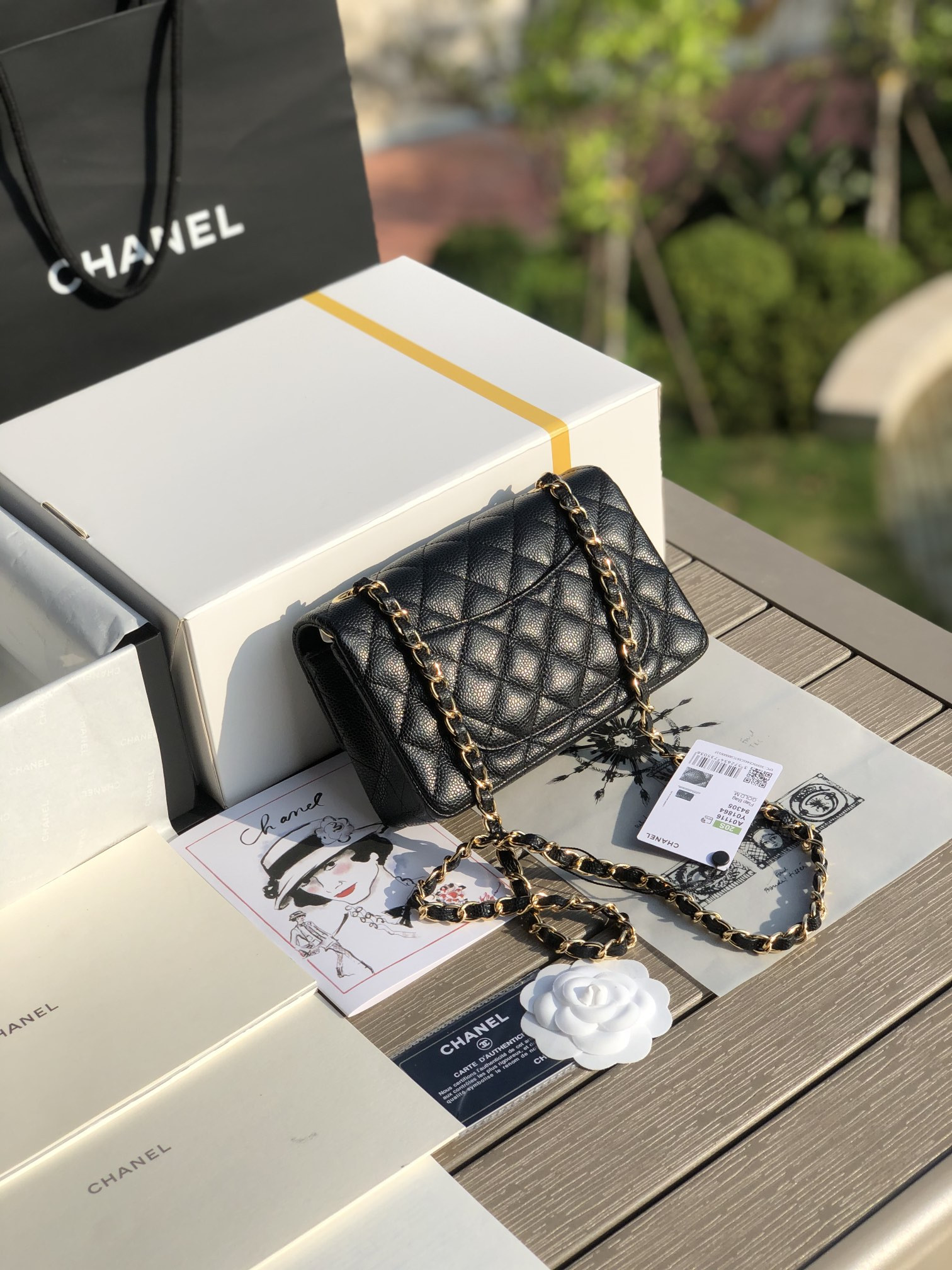 Ch*el MINI FLAP BAG BLACK WITH GOLD-TONE MENTAL 4.7 × 7.8 × 2.3 in