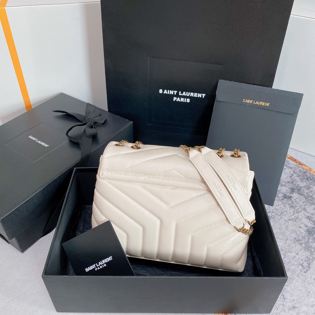 Y*L LOULOU SMALL IN QUILTED LEATHER WHITE GOLD 9 X 6.1 X 3.3 INCHES