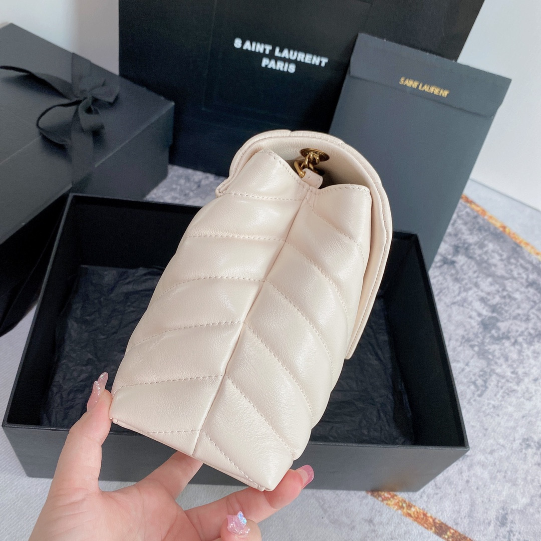 Y*L LOULOU SMALL IN QUILTED LEATHER WHITE GOLD 9 X 6.1 X 3.3 INCHES