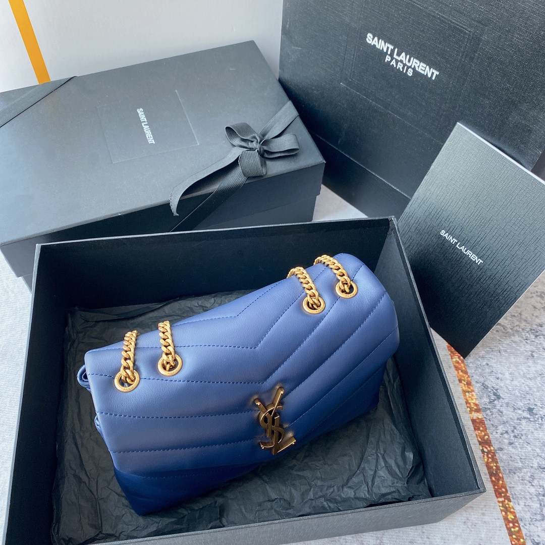 Y*L LOULOU SMALL IN QUILTED LEATHER BLUE GOLD 9 X 6.1 X 3.3 INCHES