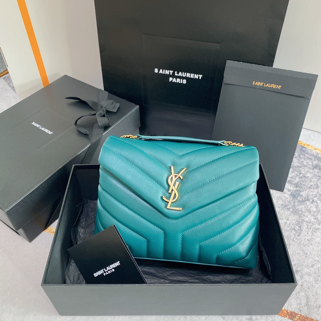 Y*L LOULOU SMALL IN QUILTED LEATHER BLUE GOLD 9 X 6.1 X 3.3 INCHES