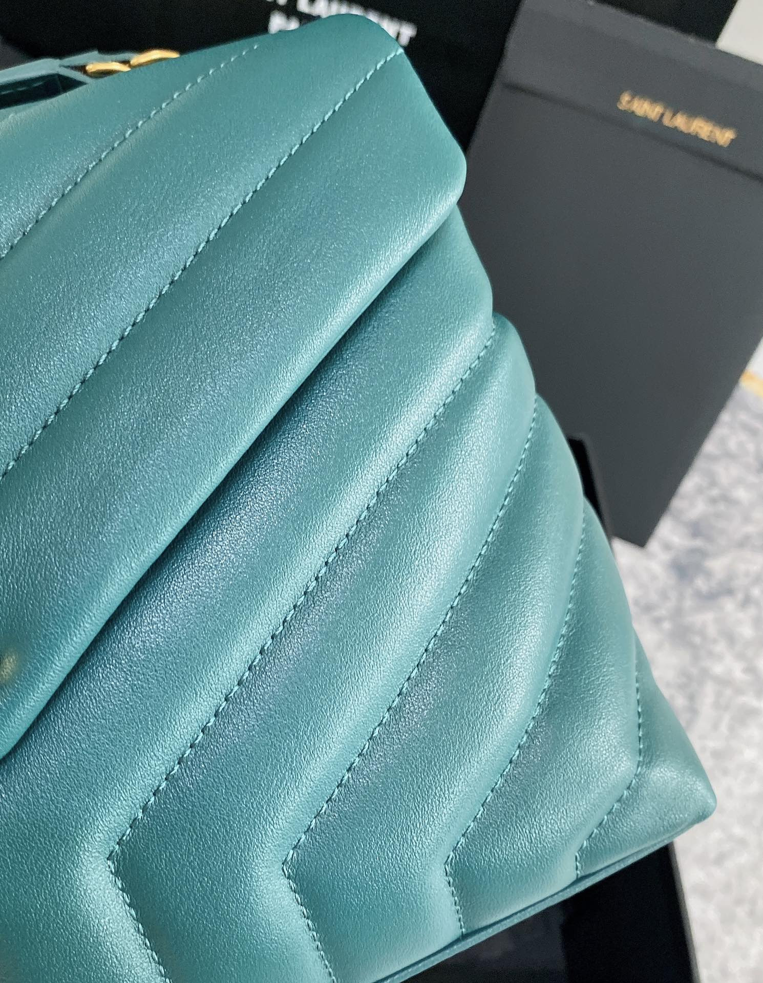 Y*L LOULOU SMALL IN QUILTED LEATHER BLUE GOLD 9 X 6.1 X 3.3 INCHES