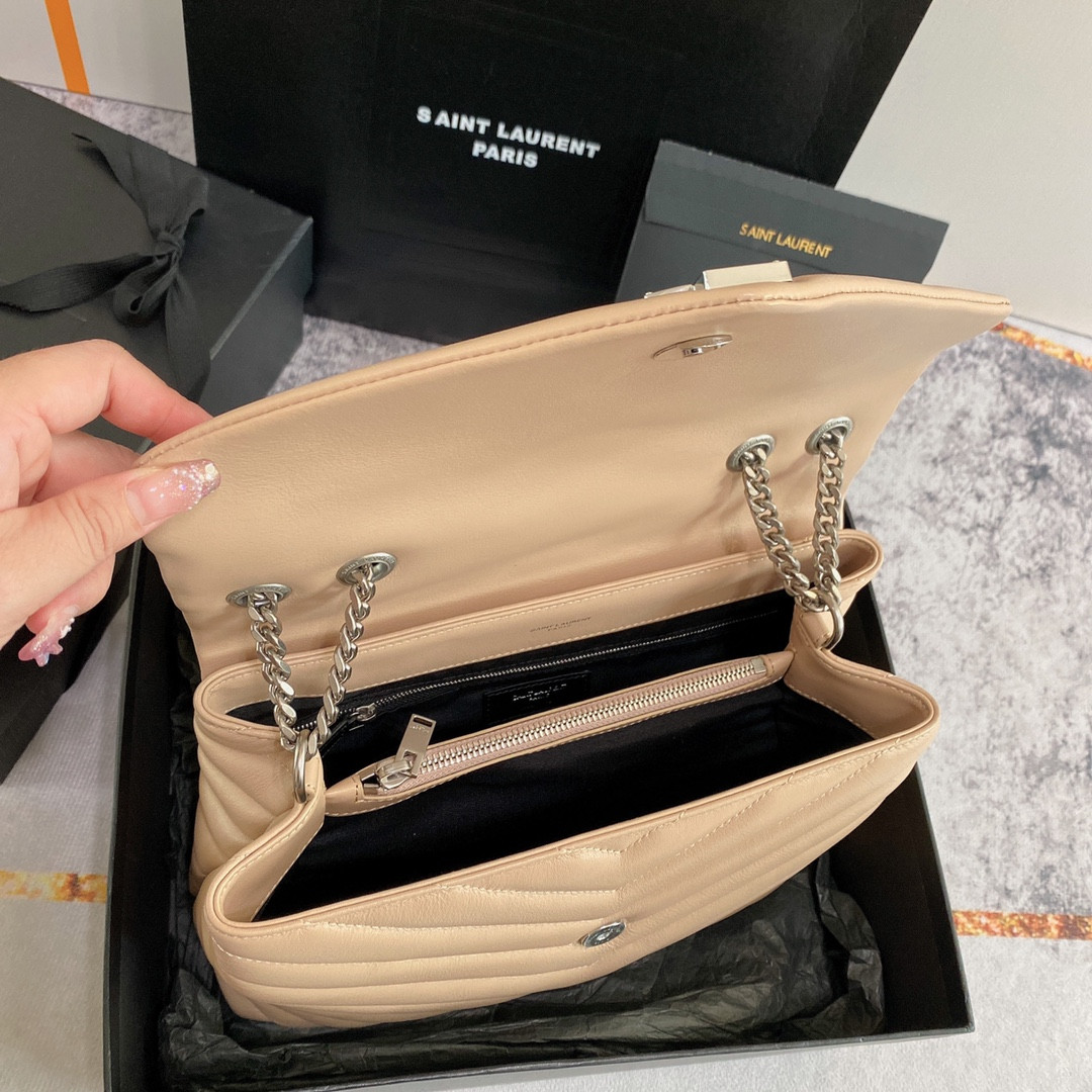 Y*L LOULOU MEDIUM IN QUILTED LEATHER DARK BEIGE SILVER 12.5 X 8.6 X 3.5 INCHES